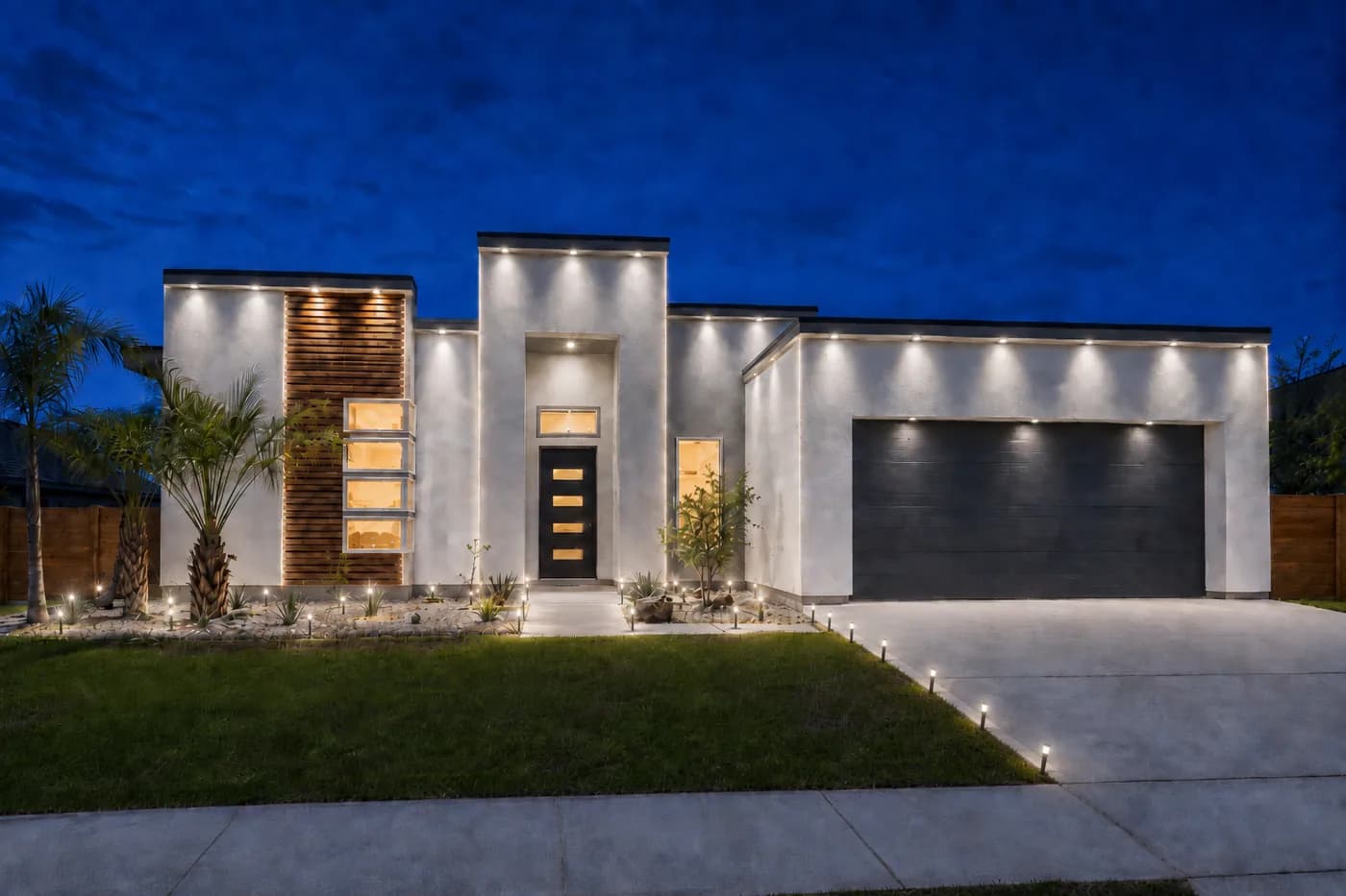 Modern contemporary home with roofline lighting and path lights